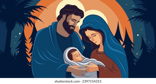 Christmas Eve scene. Birth of jesus christ. Merry Christmas. Holy Family