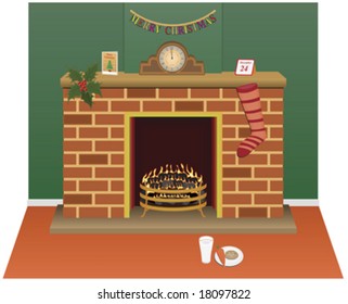 Christmas eve scene with fireplace, holly, milk and cookie, clock and stocking.