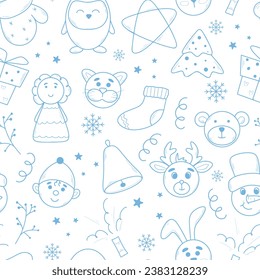 Christmas eve seamless doodle pattern. Hand drawn holiday characters and winter elements. New Year print for wrapping paper, textile, fabric, wallpaper and design, vector illustration
