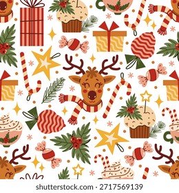 Navidades Patrón de Vector sin costuras Eve. Un lindo reno en una bufanda, coloridas cajas de regalo, un pastel. Adornos festivos, estrellas, bastones de caramelo. Una bebida de invierno en una taza con acebo. Antecedentes para el Nuevo año