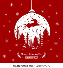 Vector de silueta de Nochebuena con árbol de Navidad, conejo, bola de Navidad y antecedentes rojos.