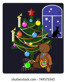 Christmas Eve, Teddy Bear and the Window with the Cat. Vector illustration