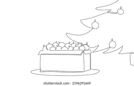 Christmas eve tree with Christmas ball on tree and in box. Hand draw line art, outline, one line. Vector illustration.