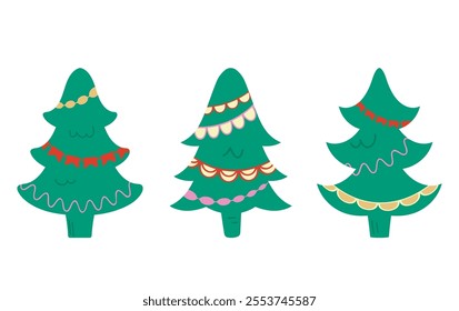 Christmas Eve Tree Silhouette Icon Set. Cartoon decorative garland, flat style design. White background. Blue green red lilac colours. Cute vector illustration