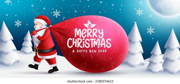 Christmas eve vector concept design. Merry christmas text in gift bag with santa claus walking in outdoor snow for xmas holiday gift giving season. Vector illustration.
