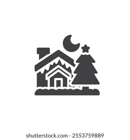 Christmas Eve vector icon. filled flat sign for mobile concept and web design. Winter night with Christmas tree , house and moon glyph icon. Symbol, logo illustration. Vector graphics