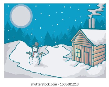 christmas eve - vector illustration with cartoon style. forest and snow background