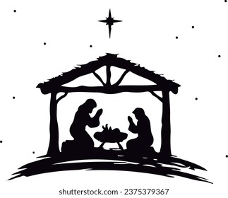 Christmas Eve. Vector illustration. CHRISTMAS scene of Jesus manger