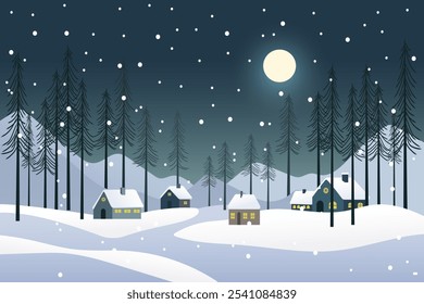 Christmas Eve. Winter landscape of a festive village against the backdrop of mountains and forest with a bright moon in snowy weather. Vector illustration of a night winter landscape.