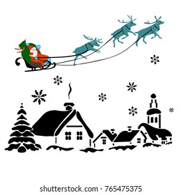 Christmas Eve - Wonders & Magic Time. Beautiful Seasonal Background with Santa Riding in Sleigh and Village Sleeping Below. Vector Illustration