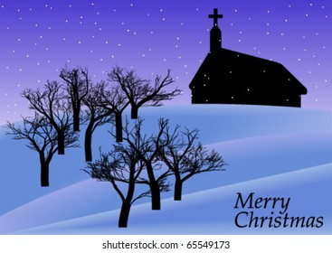 Christmas Evening Background - Chapel and Trees on Snowy Hills