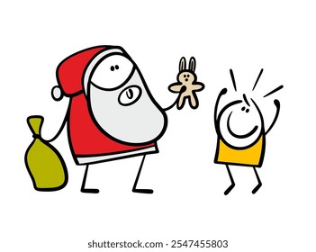 Navidades por la noche, el niño conoció a Santa Claus. Ilustración vectorial de un abuelo con barba dando un juguete, el niño está encantado y agradecido. Personaje de doodle aislado sobre fondo blanco.