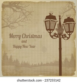 Christmas evening landscape with vintage lamppost retro poster, vector illustration