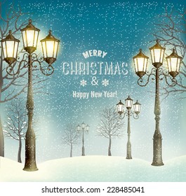 Christmas evening landscape with vintage lampposts. Vector.