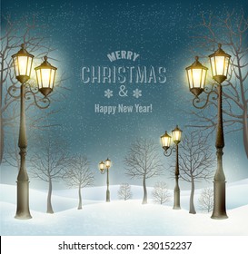 Christmas evening winter landscape with lampposts. Vector.