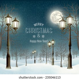 Christmas evening winter landscape with lampposts. Vector. 