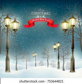 Christmas evening winter landscape with lampposts. Vector