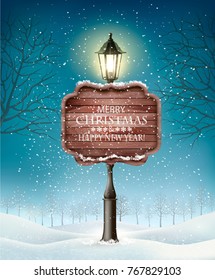 Christmas evening winter landscape with lampposts. Vector