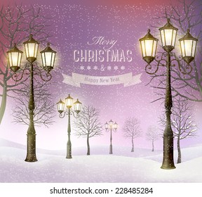 Christmas evening winter landscape with vintage lampposts. Vector.