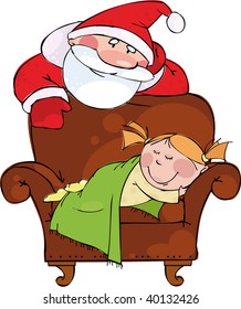 Christmas evening.Santa with sleeping girl