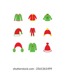 Christmas event element icon set vector illustration. Christmas decoration item set isolated design. Hat icon, tree, ribon, candle, candy cane, ball, light, gift box icon design.