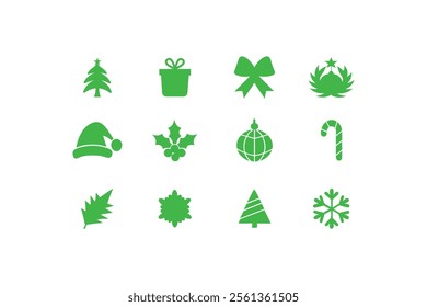 Christmas event element icon set vector illustration. Christmas decoration item set isolated design. Hat icon, tree, ribon, candle, candy cane, ball, light, gift box icon design.