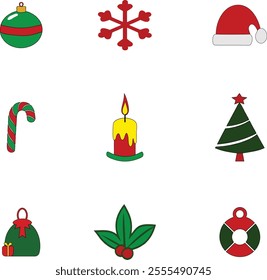 Christmas event icon set. Santa hat, bell. Christmas tree, Christmas giftbox, Christmas candle, candy cane vector isolated illustration 