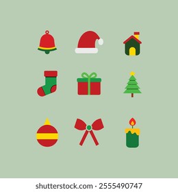 Christmas event icon set. Santa hat, bell. Christmas tree, Christmas giftbox, Christmas candle, candy cane vector isolated illustration 