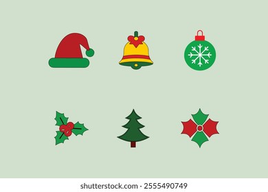 Christmas event icon set. Santa hat, bell. Christmas tree, Christmas giftbox, Christmas candle, candy cane vector isolated illustration 