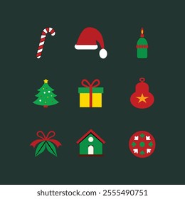 Christmas event icon set. Santa hat, bell. Christmas tree, Christmas giftbox, Christmas candle, candy cane vector isolated illustration 