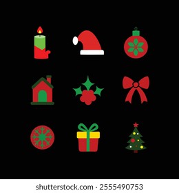 Christmas event icon set. Santa hat, bell. Christmas tree, Christmas giftbox, Christmas candle, candy cane vector isolated illustration 