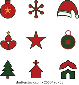 Christmas event icon set. Santa hat, bell. Christmas tree, Christmas giftbox, Christmas candle, candy cane vector isolated illustration 