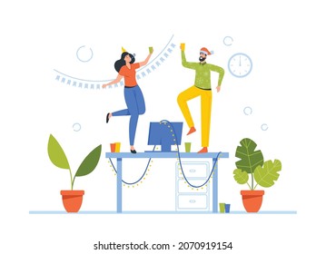 Christmas Event Party Celebration. Cheerful People in Festive Hats with Wine Glasses in Hands Celebrating Winter Holiday. Drunk Male and Female Characters Dance on Table. Cartoon Vector Illustration
