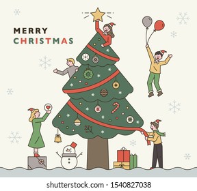 Christmas event promotion banner. Everyone is decorating a huge Christmas tree. flat design style minimal vector illustration.