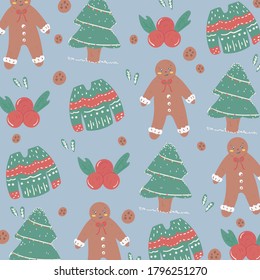 christmas event seamless pattern illustration, cute winter sweater and gingerbread cookies cartoon character