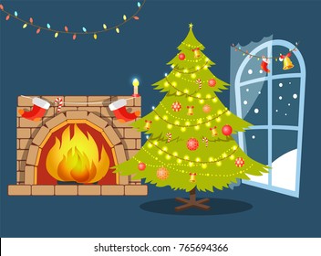 Christmas evergreen tree decorated with garlands and baubles, bells and candies, and fireplace with socks, window and snow vector illustration