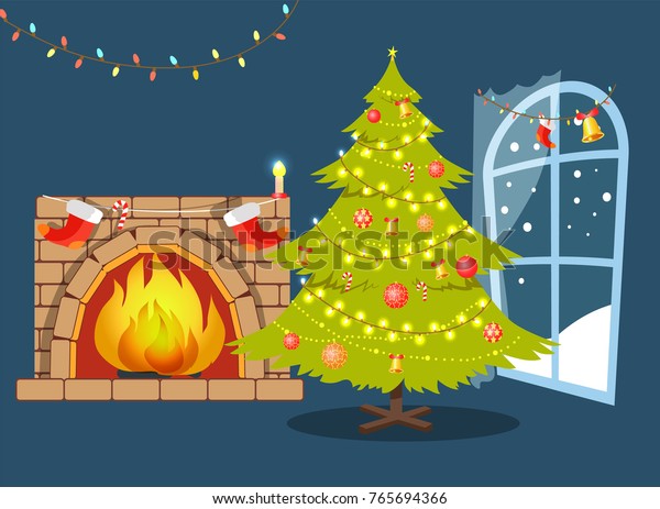 Christmas Evergreen Tree Decorated Garlands Baubles Stock Vector