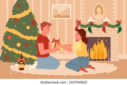 Christmas exchange gifts of happy family vector illustration. Cartoon man and woman sit on floor with present box near fireplace, people celebrate at home living room with festive fir tree background