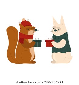 Christmas exchange gifts. Rabbit and squirrel give each other a gift. Flat vector illustration.
