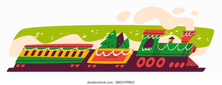 Christmas Express Train Flat Illustration. Festive Holiday Steam Locomotive in Winter Landscape