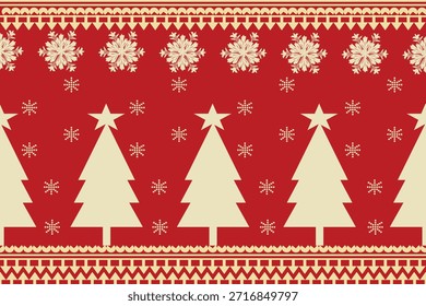 Christmas fabric pattern in red and cream, featuring pine trees, stars, and snowflakes in a graphic style. Warm, festive, and cheerful, perfect for holiday décor and seasonal fashion.