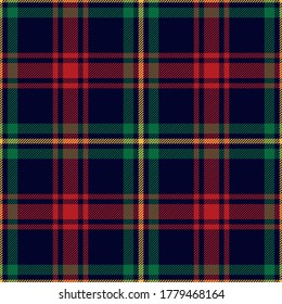 Christmas Fabric Pattern Red, Green, Yellow, Blue. Seamless Tartan Check Plaid For Flannel Shirt, Blanket, Or Other Modern New Year Holiday Textile Design. Striped Texture.