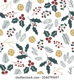 christmas fabric pattern seamless. Winter greenery and berries seamless pattern. Watercolor forest plants on white background. Pine tree branches, pine cones festive print. Christmas wallpapers.