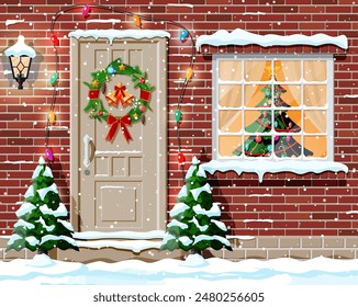 Christmas facade decoration. Entrance to suburban house decorated with wreath, bells, garland lights. Holiday greetings. Snowflakes, snowdrifts. New year and xmas celebration. Flat vector illustration