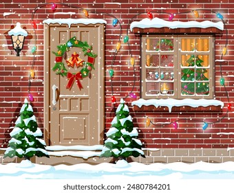 Christmas facade decoration. Entrance to suburban house decorated with wreath, bells, garland lights. Holiday greetings. Snowflakes, snowdrifts. New year and xmas celebration. Flat vector illustration