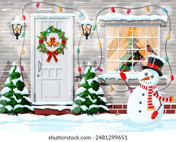 Christmas facade decoration. Entrance to suburban house decorated with wreath, bells, garland lights. Holiday greetings. Snowflakes, snowman. New year and xmas celebration. Flat vector illustration