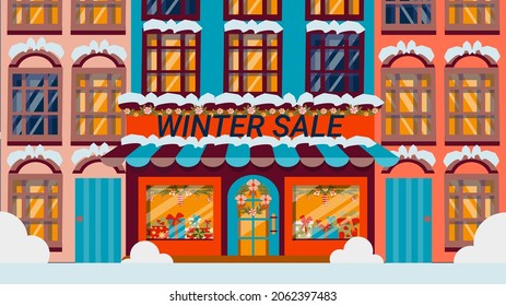 Christmas facade of the store. New Year's showcase of a gift shop. Winter sale. Horizontal vector illustration in a flat cartoon style, a Christmas banner for a web