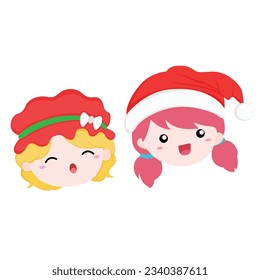 Christmas Faces Girl Character Cartoon Illustration Vector Clipart Sticker