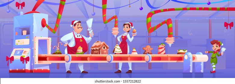 Christmas factory conveyor with candy and santa claus helpers elf and confectioners cooking sweets gingerbread house pudding traditional xmas bakery desserts moving on belt Cartoon vector illustration