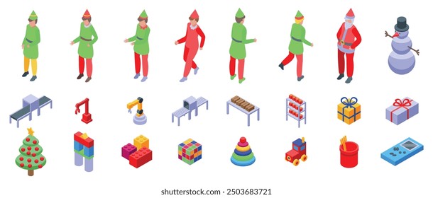 Christmas factory conveyor icons set. Santa claus is supervising his elves working in his factory, making toys for christmas